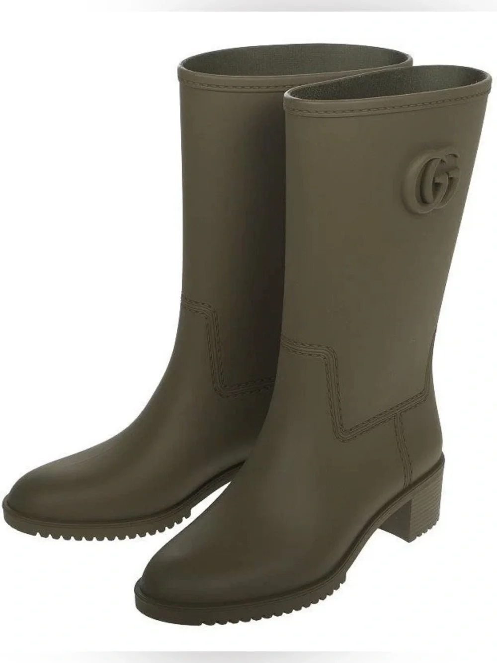 Gucci Olive Rubber Mid-Calf Rain Boots with Embossed GG 39 New with box